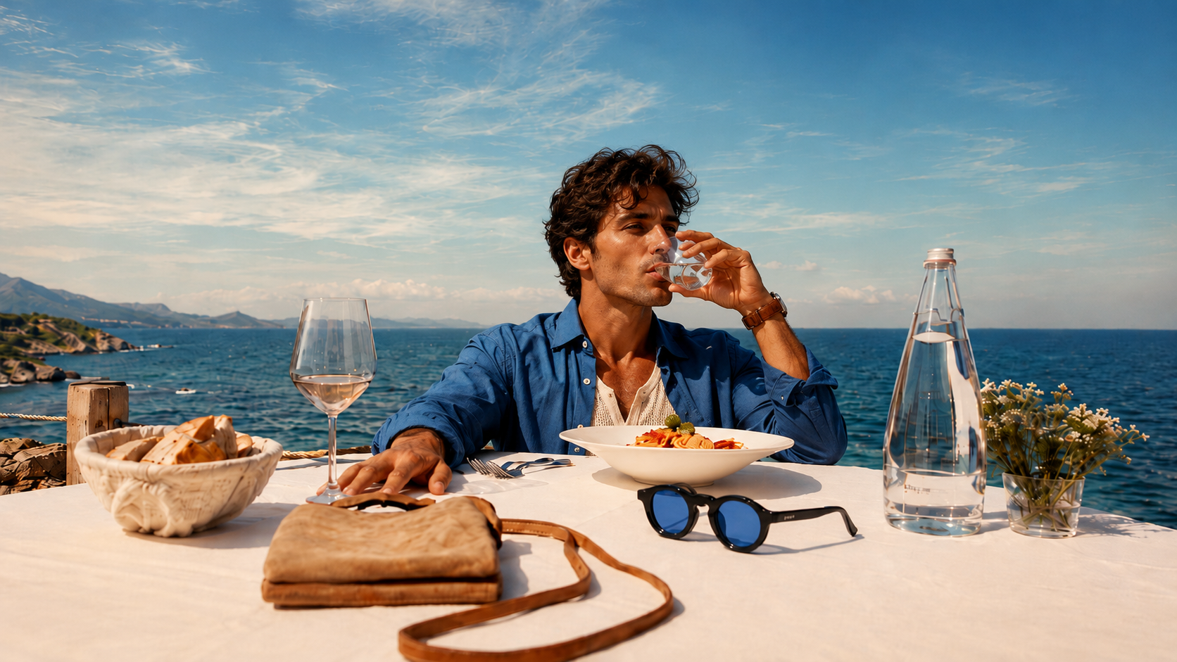 Casal elegante usando óculos Valmont com vista para o mar